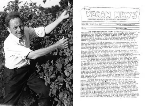 Vegan Society Donald Watson and a copy of the firs ever Vegan News in 1944