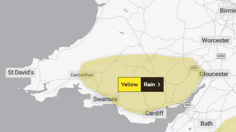 Met Office Map of areas affected by the yellow weather warning