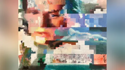 Paul Lemmon An oil painting made up of colourful pixel-like squares. the colours are made up of blues, whites and turquoise greens. Among the pixels is the outline of a fractured woman's face