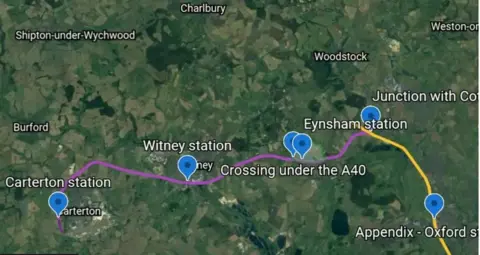 WOT / GOOGLEEARTH A google earth satellite picture shows the potential route the rail link could take, going from Oxford to a new station in Eynsham, crossing under the A40 to Witney and going on to Carterton.