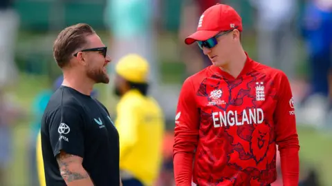 England white-ball captain Harry Brook and coach Brendon McCullum in conversation at the T20 World Cup