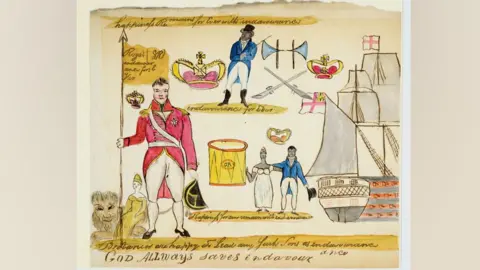 The National Archives A sketch of a martial flag seized from enslaved insurgents during Bussa’s Rebellion, Barbados, 1816. It shows a red-coated army white officer on the right, a Black man and woman, wearing Regency clothing and standing together and a Black man above in a blue tail coat and black top hat. There is also a drawing of a ship on the right. It says God always saves endeavour