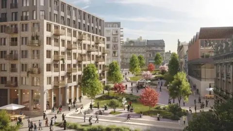 A CGI image of a block of flats and a public space populated by trees, grass and people.