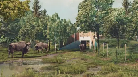 Russell Perry Visual Studio  A CGI image shows a huge bridge with people walking over and bison roaming underneath in the reserve