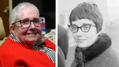 BBC/Getty Images A composite image showing Mair Morgan now and in 1966 or 1967. In the modern image Mair is smiling at the camera and wearing a red cardigan and a navy and white striped blouse, with tortoiseshell glasses and short gray-white hair. The older image is black and white, with Mair wearing a fur-necked overcoat and horn-rimmed spectacles. Her hair is dark and cropped short, but longer than the modern image.