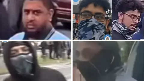 West Midlands Police Composite image of four men taken from mobile phone footage. Three have their faces partly obscured by masks, the other a beard and blue jumper.