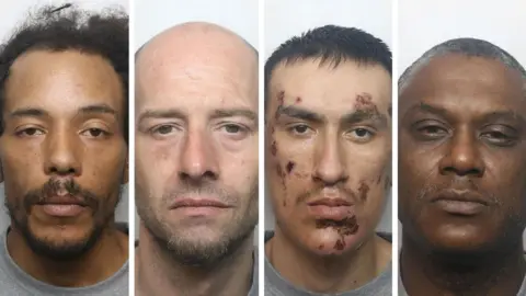 Thames Valley Police Aaran Pattinson, Philip Solomon, Scott Cordice and Marlon Cato are all pictured in their police custody photos. All are wearing custody-issues grey tops. Pattinson is unshaven. Solomon is balding. Cordice appears with cuts, grazes and scabs across his face. Cato has short hair.