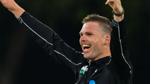 New Zealand bowler Lockie Ferguson celebrates