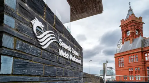 Getty Images Part of the Senedd building in Cardiff Bay is prominent to the left and in the foreground of the image. The Senedd's logo can be seen on the building slate wall along with the institution's name in both languages. The right of the image is taken up by the red brick Pierhead building. It is a cloudy day.