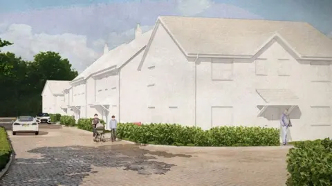 A CGI of how some of the homes planned for the Forest of Dean would look. The image shows houses outlined in white, with small green bushes around them and human figures walking between them and a parked car