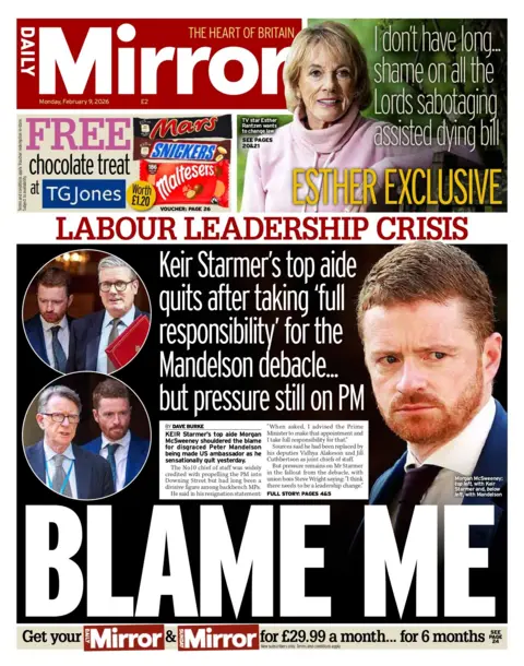 "Blame me" reads the headline on the front page of the Daily Mirror.