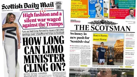 Composite image: Scottish Daily Mail (left), headlined: "How long can limo minister cling on?" and The Scotsman (right), headlined "Swinney in new push for 'Scottish visa'"