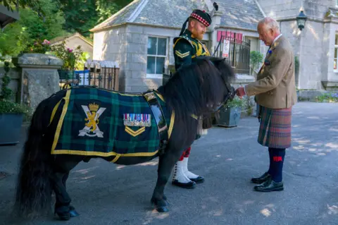 PA Media King Charles III meets Shetland pony Cpl Cruachan IV (mascot of the Royal Regiment of Scotland) during an inspection of the Balaklava Company, 5th Battalion, The Royal Regiment of Scotland, at the gates of Balmoral. The King is wearing a kilt and a light brown jacket.