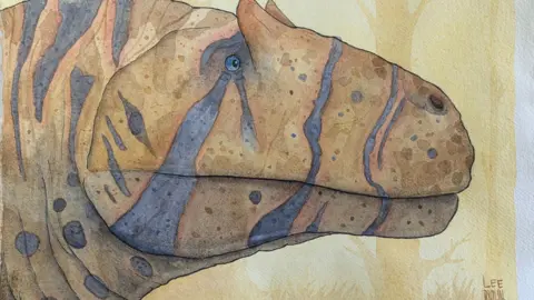 A painting of the head of a Tyrannosaurs Rex. The creature looks peaceful. The complete opposite to the traditional pictures of the dinosaur, which is normally seen baring it's huge teeth.