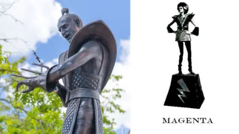Hamilton City Council/Magenta Statue for Belfast campaign A image of the state of Riff Raff in New Zealand, on the right side of the image is an artists impression of what the statue in Belfast could look like. 