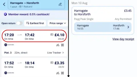 TrainPal/ Northern Two screenshots showing train‑ticket details for a Harrogate to Horsforth journey, with departure times, prices, railcard discounts, platform information, and a Pay‑As‑You‑Go peak fare summary for a specific date.