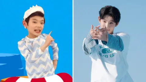 Park Geon-roung aged seven in the Baby Shark music video on the left. Park Geon-roung aged 17 dancing on the right.