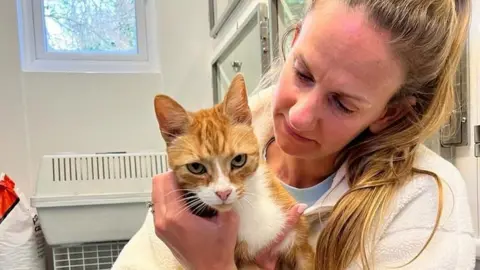 Kat Owen Ginger cat being embraced by a woman with long blond hair