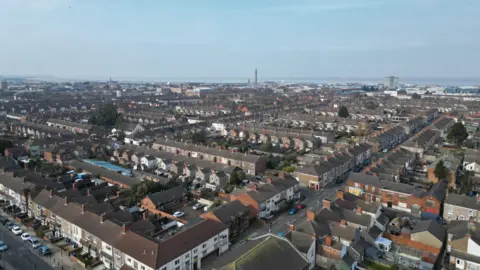 An aerial shot of houses in Grimsby.