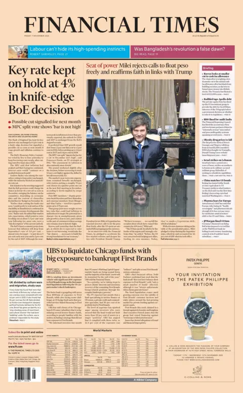 "Key rate kept on hold at 4% in knife-edge BoE (Bank of England) decision," reads the headline on the front page of the Financial Times