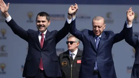EPA-EFE/REX/Shutterstock Turkish President Recep Tayyip Erdogan (R) and Istanbul mayor candidate Murat Kurum (L) attend the AK Party's election campaign rally in Istanbul, Turkey, 24 March 2024.