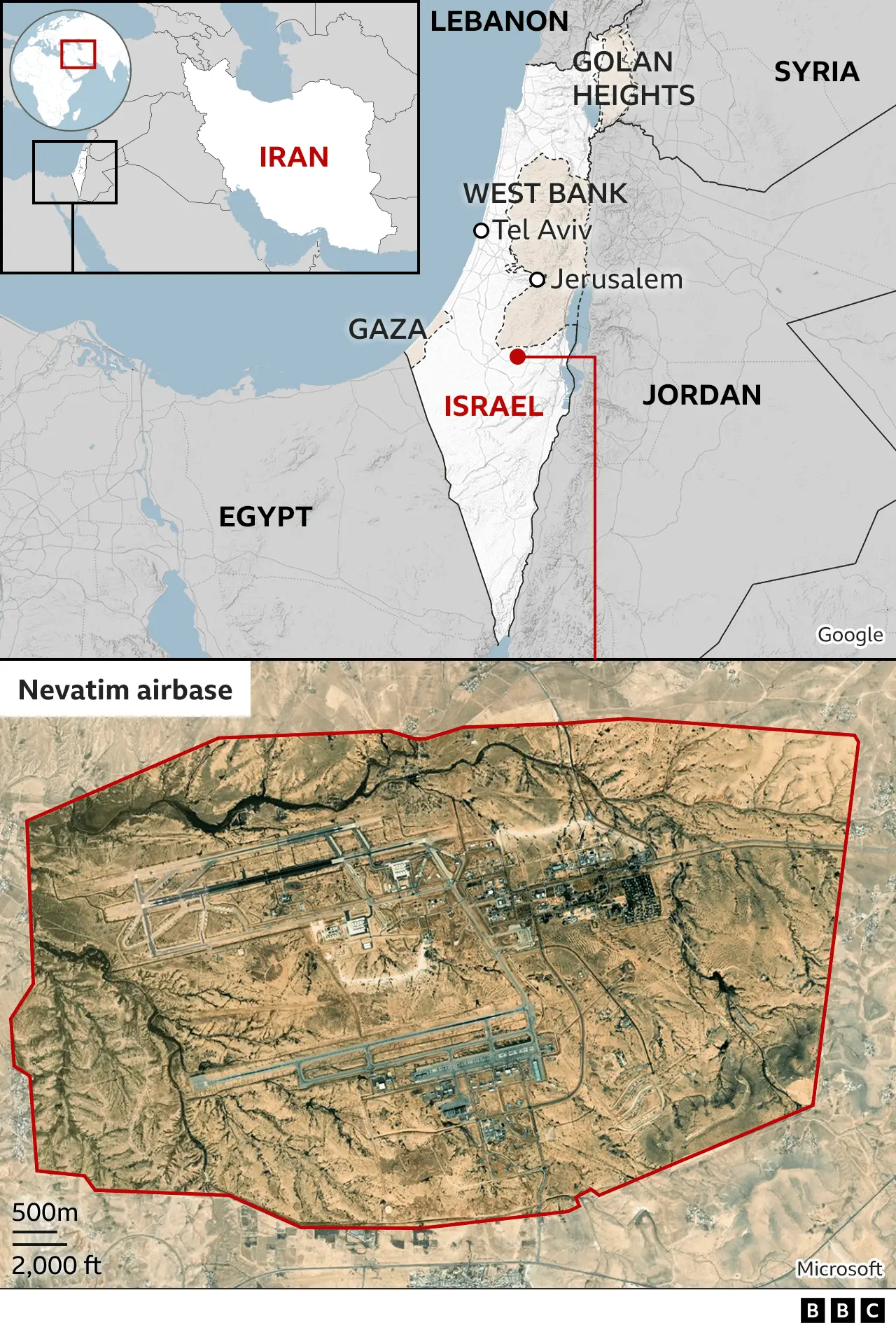 Map locating the Nevatim airbase in Israel and showing Gaza, the West Bank and the Golan Heights.