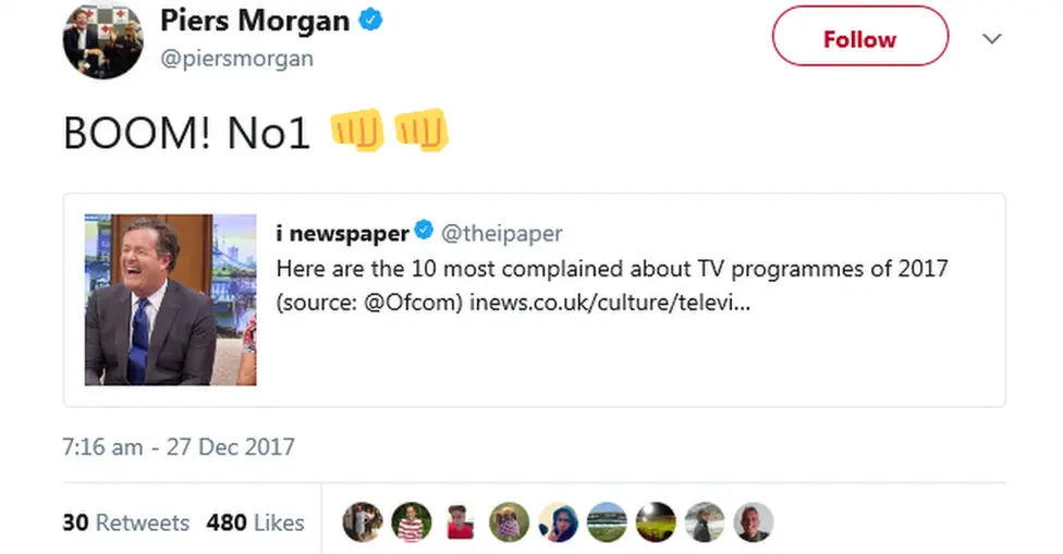 @PiersMorgan Piers Morgan's tweet: Boom! Number one