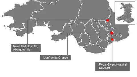 Map showing existing and proposed major hospitals in Gwent