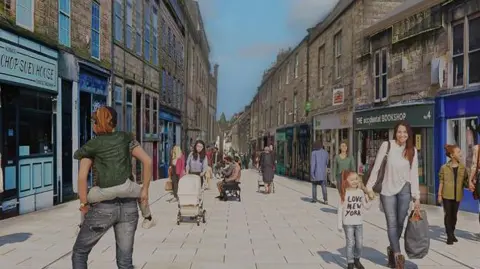 Northumberland County Council  An artist's impression of a pedestrianised street with lots of people walking and some seated on a bench.