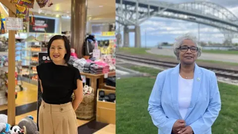 Two images of women. Woman on the right stands with hands behind her back in store. Woman on the left stands with hands in front of her. She stands in front of a bridge. 