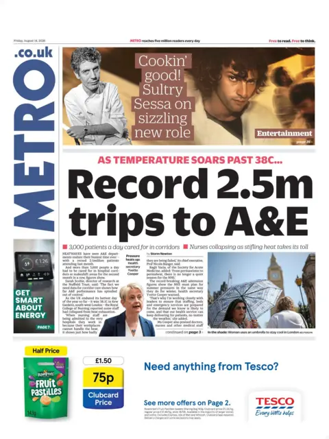 The headline on the front page of the Metro reads: "Record 2.5m trips to A&E."