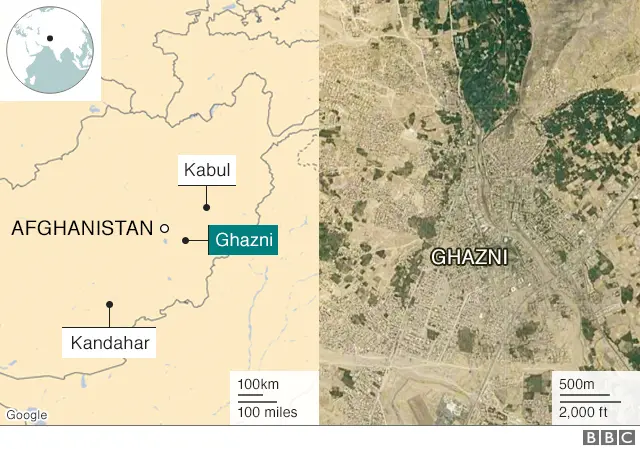 Map showing Ghazni, Kabul and Kandahar