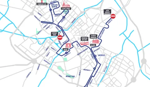 AJ Bell A map showing the city centre route of the Great Birmingham Run. 