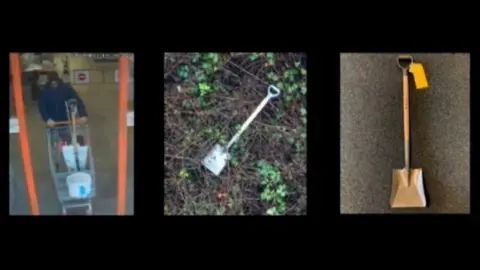 South Wales Police CCTV footage of Burns (left), the shovel when first found (centre) and replica (right)