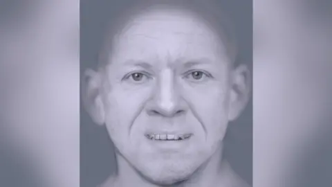 Face Lab at Liverpool John Moores University A black and white digital facial reconstruction of the unidentified man. He appears to be aged between 40 and 60, with a round face, prominent ears and slightly misshapen teeth.