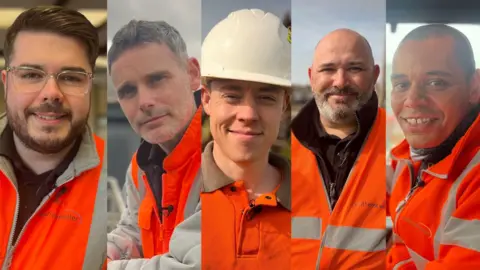 BBC A composite image showing five men in hi-vis clothing looking at the camera and smiling. The one in the middle is wearing a white hard hat and the backgrounds behind all are blurred, with some outdoors and others outdoors.