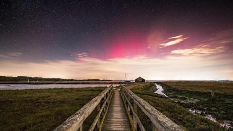 The northern lights across Newtown National Nature Reserve on the Isle of Wight