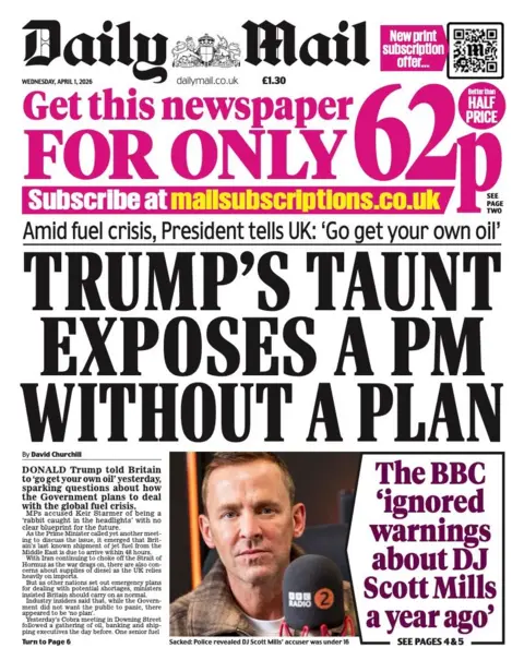 The headline on the front page of the Daily Mail reads: "Trump's taunt exposes a PM without a plan."