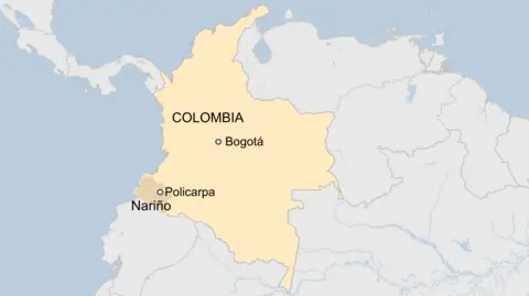 Map showing Colombia with a marker for the capital, Bogota, and the location of the mine, in the south of the country in Nariño province. 