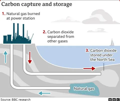 Gráfico mostrando como funciona a captura de carbono. Mostra uma usina de um lado e o mar do outro. Abaixo, há túneis que mostram como o gás natural flui para cima e para dentro e o dióxido de carbono flui para fora e é armazenado no Mar do Norte.