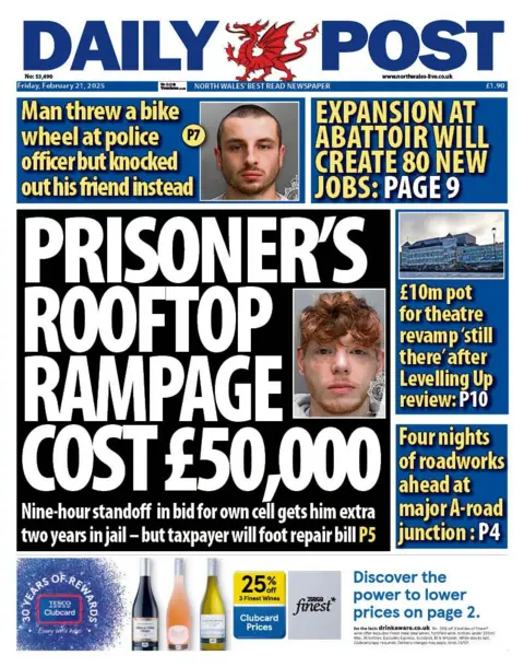 Daily Post Front page of the Daily Post, the main headline reads: prisoner's rooftop ramage cost £50,000. 
Other headlines on the front page: £10m pot for theatre revamp 'still there' after Levelling Up review. Man threw a bike wheel at police officer but knocked out his friend instead. Expansion at abattoir will create 80 new jobs. Four nights of roadworks ahead at major A-road junction. 