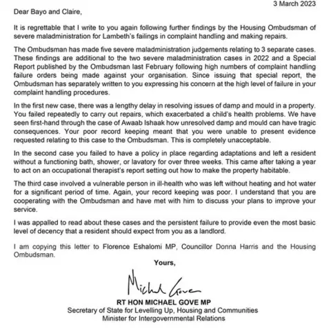 LDRS A copy of the letter from Michael Gove to the leader and chief executive of Lambeth Council.