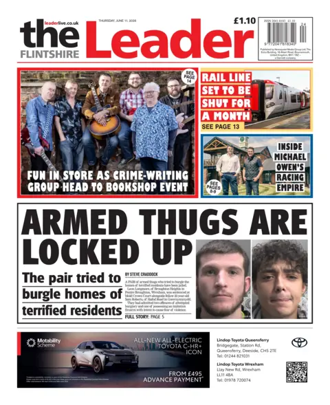 The Flintshire Leader The front page of The Flintshire Leader. The main headline reads: Armed thugs are locked up. Next to it is a photo of two men with dark hair