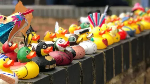 University of Buckingham Rubber ducks lined up on a wall. They are all painted or decorated in different colours. The wall is most likely a bridge over a river.