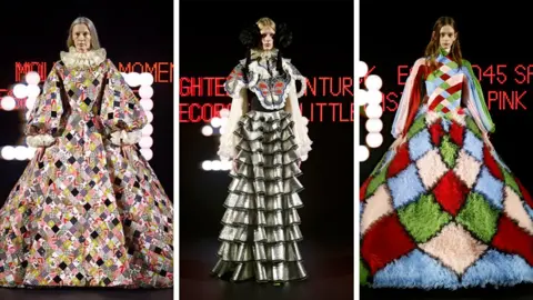 Getty Images Three designs for Valentino, including pleats, harlequin and quilted material.