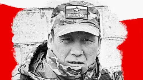 A composite image shows Vladimir Akeev in military fatigues and in the background is a cemetery with crosses and flowers