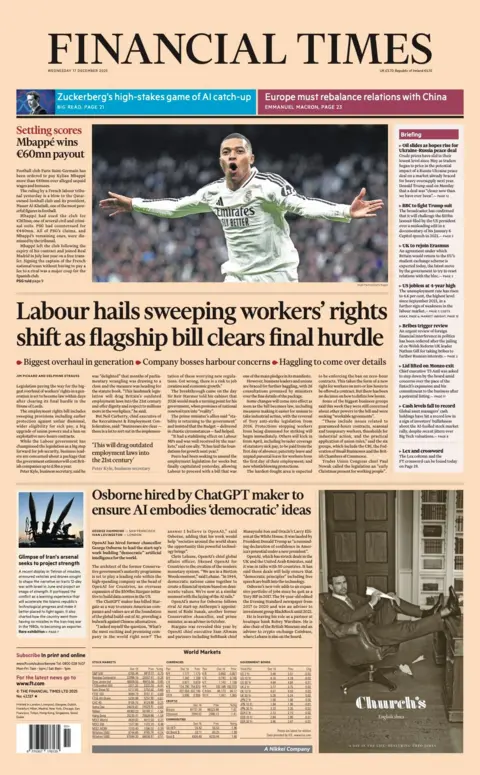 The headline on the front page of the Financial Times reads: "Labour hails sweeping workers' rights shift as flagship bill clears final hurdle".