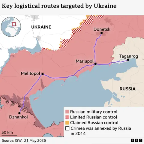 A map showing logistical routes into Crimea