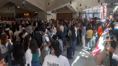 Protesters inside Marshall Building