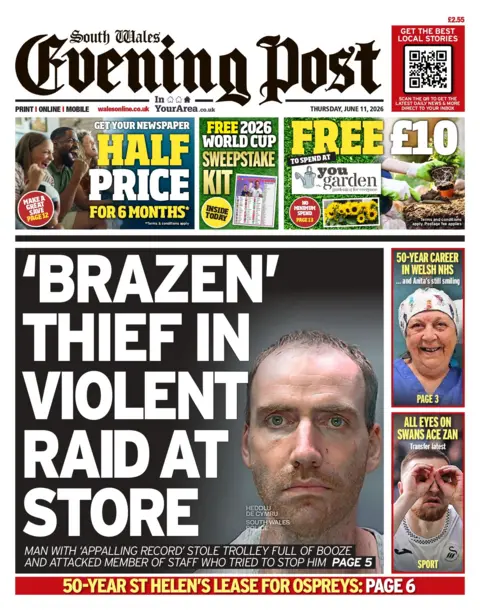 South Wales Evening Post The front page of South Wales Evening Post. Main headline reads: 'Brazen' theft in violent raid at store. Next to it is a photo of a balding man in police custody. 
